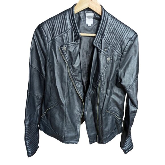 Simons Classic Black Faux Leather Jacket with Slim Fit, Women Large - Picture 1 of 8